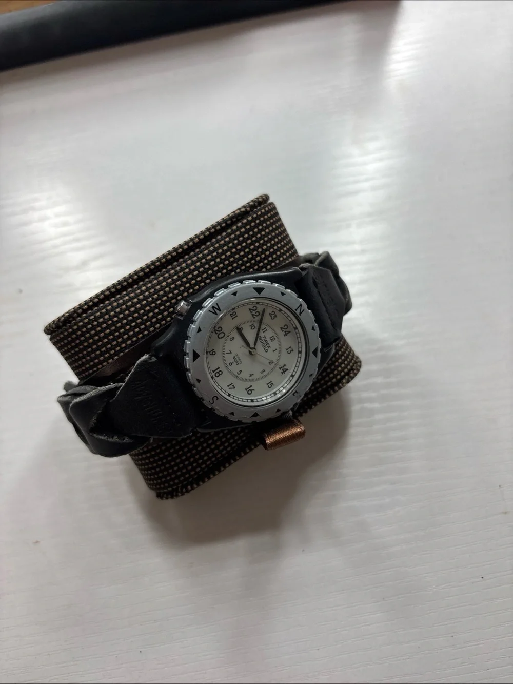 Timex Black Strap Watch with White Dial and Compass Bezel
